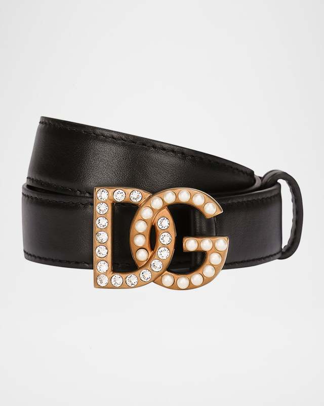 Embellished Pearly Interlocking DG Leather Belt